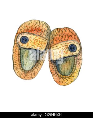 Ein Paar niedliche Babyschuhe auf einem einfarbigen weißen Hintergrund mit niedlichen Knöpfen Stockfoto