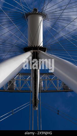 Blick auf das London Eye direkt von seiner Basis Stockfoto