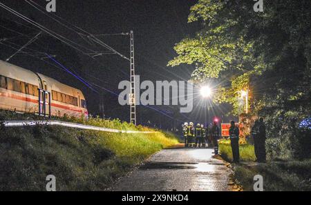 02. Juni 2024, Baden-Württemberg, Schwäbisch Gmünd: Abends stehen Feuerwehrleute neben einem ICE-Zug auf der Bahnstrecke bei Schwäbisch Gmünd. Zwei Wagen eines ICE-Zuges mit 185 Passagieren an Bord entgleisten nach einem Erdrutsch. Nach Angaben eines Eisenbahnsprechers wurden die Fahrgäste nicht verletzt und in der Nacht aus dem Zug evakuiert. Foto: Fabian Koss/onw-images/dpa Stockfoto