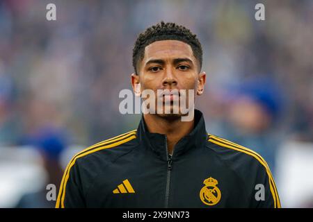 Jude Bellingham von Real Madrid im Finale der UEFA Champions League zwischen Borussia Dortmund und Real Madrid im Wembley Stadion. Endpunktzahl: Borussia Dortmund 0:2 Real Madrid. (Foto: Grzegorz Wajda / SOPA Images/SIPA USA) Stockfoto