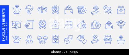Exklusive Vorteile dünne Linien. Lineares blaues Symbol-Set für Treueprogramme mit Prämie, Incentive, Gutschein, Coupon, Trophäenprämie, Geschenke und vip-Kundenkarte. Sterne in Tasche oder Brieftasche. Spezielle Bonussymbole. Stock Vektor
