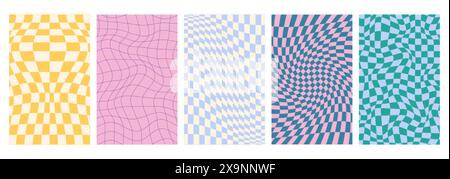 Psychedelischer Schachbretthintergrund mit gewellter Gitterfliese. Kariertes nahtloses geometrisches verzerrtes Muster im groovigen Hippie-Stil der 70er Jahre. Vertikale Poster aus Schachbrett mit verformter Textur in Pastellfarben Stock Vektor