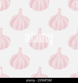 Vektor-nahtloses Muster mit Hand gezeichneter Knoblauchbirne auf weißem Hintergrund. Illustration Des Gemüsevektors. Ganzer Knoblauchkopf in flacher Ausführung. Würzen Stock Vektor