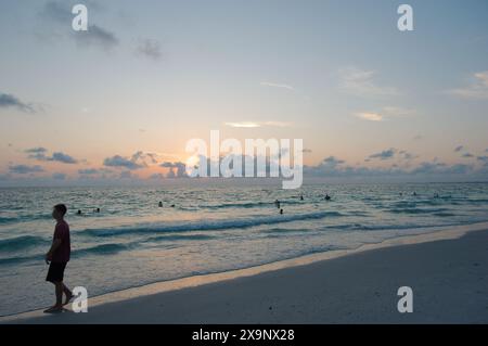 Sonnenuntergang am Pass-a-Grille Beach in St. Petersburg Florida. Schwaches Licht mit mehreren Personen im Wasser. Goldenes Leuchten und blauer Himmel der Sonne horizontal Stockfoto