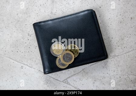 Anführer der schwarzen Partei mit Euro-Geld. Münzen in der Brieftasche für den Handel Konzept. Stockfoto