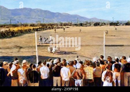 Baseballspiel, Manzanar Internierungslager, Owens Valley, Inyo County, Kalifornien 1943. Stockfoto