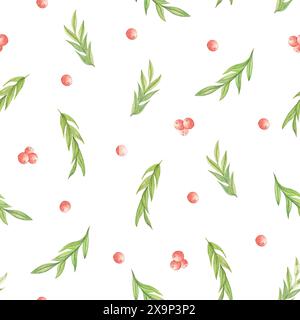 Aquarellmuster aus roten Beeren und Blättern. Handgemalte rote Winterbeeren auf weißem Hintergrund. Illustration für Design, Druck, Stoff o Stockfoto