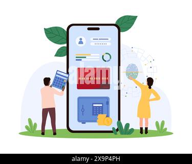 Fingerabdruckprüfung und Zugriff auf sicheres Bankkonto in der mobilen Banking-App. Winzige Leute arbeiten mit Kreditkarte, Finanzdaten und Geldbox auf Smartphone-Bildschirm Cartoonvektor-Illustration Stock Vektor