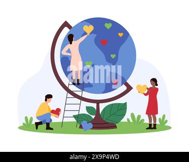 Gemeinnützige Gemeinschaft der Freiwilligen, Hilfe von internationalen gemeinnützigen Organisationen und Welteinheit. Winzige Menschen mit Liebe zum Erde Planeten Pin Herzen zu Globe Cartoon Vektor Illustration Stock Vektor