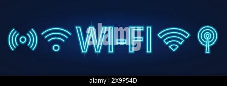 wlan-Signal, blaues Leuchtsymbol, dunkel eingestellt Stock Vektor