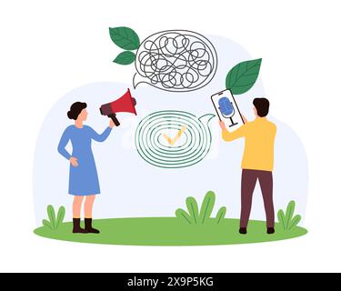 Schlechte Geschäftskommunikation, Problemlösung bei der Verhandlung, Empathie und aktives Zuhören. Winzige Leute mit klaren und unklaren Sprachbotschaften Cartoon Vektor Illustration Stock Vektor