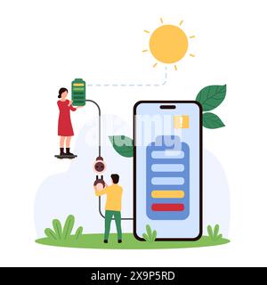 Zeigt Miniaturfiguren, die Solarenergie zum Aufladen eines mobilen Geräts verwenden. Die Szene betont nachhaltige Energie und technologische Integration. Vektorabbildung. Stock Vektor