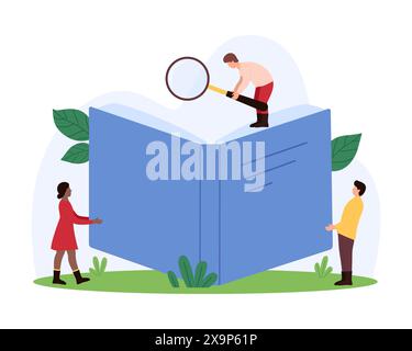Informationssuche, Dokumentenanalyse, Datenüberprüfung oder Leitfäden, Lernen. Winzige Leute schauen durch Lupe auf offenes Buch, bewerten und finden, lesen Text online Cartoon Vektor Illustration Stock Vektor