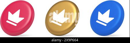 Krone Knopf königliche mittelalterliche König Königin Kopfschmuck Web App 3D realistische Rosa Gold Blau Ikonen. Corona POWER Achievement Success Best Award User Interface Stock Vektor
