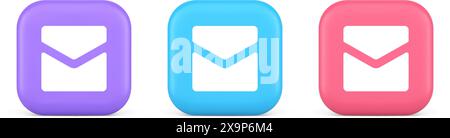 E-Mail Brief eingehende Nachricht geschlossener Umschlag Mobile Anwendungstaste 3D realistische lila blaue und rosa Symbole. E-Mail-Newsletter, elektronisches Dokument A Stock Vektor