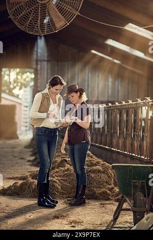 Frauen, Clipboard und checken Sie gemeinsam in der Scheune nach Reinigungsplan, Teamarbeit und Überprüfung. Bauernfrauen, Diskussion und Notizen in Stall für die Landwirtschaft Stockfoto