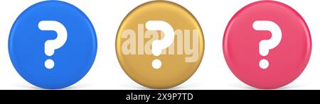 Fragezeichen Schaltfläche Hinweis Achtung Antwort FAQ Punkt Internet Info Support 3D realistische Symbole in Blau Gold und Rosa. Lösungshilfe Informationen zur Ideenhilfe Stock Vektor
