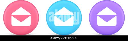 E-Mail Umschlag öffnen Brief eingehende Nachricht erhalten Schaltfläche 3D realistische rosa blaue und lila Symbole. E-Mail-Kontakt-Korrespondenz Newsletter-Notificati Stock Vektor