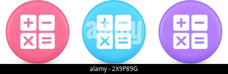 Taschenrechner mathematische Zähltaste Kontoübersicht Überprüfung Mathematik Finanztastatur 3D realistische rosa blaue und lila Symbole. Elektron berechnen Stock Vektor