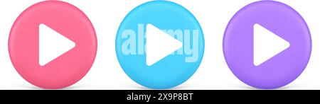 Abspieltaste Dreieck Rechtspfeil Multimedia Content Player Web App Design 3D realistische Rosa Blau und Lila Symbole. Start-Zeigertaste für Audio-/Video-Medien Stock Vektor