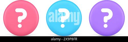 Fragezeichen Schaltfläche Hinweis Achtung Antwort FAQ Punkt Internet-Info Support 3D realistische rosa blaue und lila Symbole. Lösungshilfe Ideenhilfe in Stock Vektor