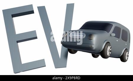 3D-Rendering eines silbernen Elektrofahrzeugs (EV), das neben einem metallischen Schild mit der Aufschrift „EV“ geparkt ist. Stockfoto