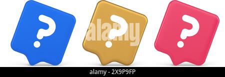 Fragezeichen Schaltfläche Hinweis Achtung Antwort FAQ Punkt Internet-Info Support 3D realistische Sprechblase blau Gold und rosa Symbole. Lösungshilfe Idee A Stock Vektor