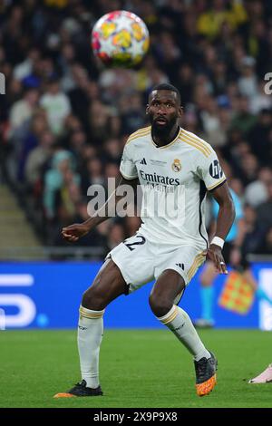 Antonio Rudiger von Real Madrid CF während des Champions-League-Endspiels 2023/2024 zwischen Borussia Dortmund und Real Madri CF im Wembley-Stadion in London (England), 1. Juni 2024. Stockfoto