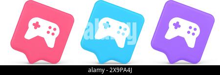Gamepad Controller Virtual Gaming Connect Button Joystick Joypad Web App 3D realistische Sprechblase rosa blau und lila Symbole. Elektronisches Kontrollgerät Stock Vektor