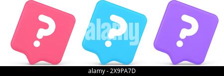 Fragezeichen Schaltfläche Hinweis Achtung Antwort FAQ Punkt Internet-Info Support 3D realistische Sprechblase Rosa blaue und lila Symbole. Idee der Lösungshilfe Stock Vektor