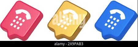 Anwendung der Anruftaste Mobilteil Kontaktkommunikation 3D realistische Sprechblase blau-goldene und rosa Symbole. Retro-Telefon Kundenbetreuung Stock Vektor