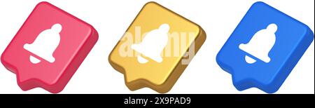 Signalton Tonsignal-Tastendruck-Erinnerung Cyberspace Web-Interface-Benachrichtigung 3D realistische Sprachblase blau-goldene und rosafarbene Symbole. Handbell Stock Vektor