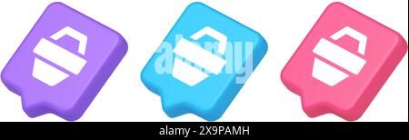 Warenkorb Online-Shop-Taste kommerzieller Markt Kasse Web-App-Design 3D realistische Sprechblase lila blau und rosa Symbole. Einkaufswagen intern Stock Vektor