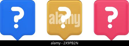 Fragezeichen Schaltfläche Hinweis Achtung Antwort FAQ Punkt Internet-Info Support 3D realistische Sprechblase blau Gold und rosa Symbole. Lösungshilfe Idee A Stock Vektor