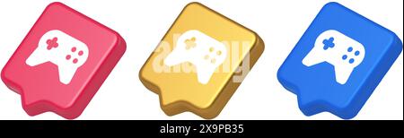 Gamepad Controller Virtual Gaming Connect Button Joystick Joypad Web App 3D realistische Sprechblase Blau Gold und Rosa Symbole. Elektronisches Kontrollgamin Stock Vektor