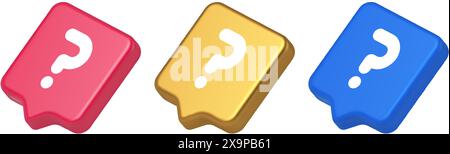 Fragezeichen Schaltfläche Hinweis Achtung Antwort FAQ Punkt Internet-Info Support 3D realistische Sprechblase blau Gold und rosa Symbole. Lösungshilfe Idee A Stock Vektor