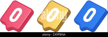 Digitales Zeichen mit Null-Zeichen-Taste für mathematische Zählung Cyberspace-Kommunikation 3D realistische Sprechblase blau-goldene und rosa Symbole. Null BASIC c Stock Vektor