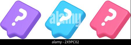 Fragezeichen Schaltfläche Hinweis Achtung Antwort FAQ Punkt Internet-Info Support 3D realistische Sprechblase lila blau und rosa Symbole. Idee der Lösungshilfe Stock Vektor