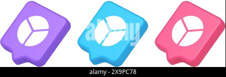 Diagramm Torte drei Abschnitte Schaltfläche Finanzpräsentation Geschäftsanalyse Web App 3D realistische Sprechblase lila blau und rosa Symbole. Diagrammdiagramm Stock Vektor