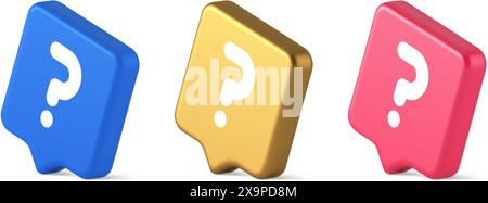 Fragezeichen Schaltfläche Hinweis Achtung Antwort FAQ Punkt Internet-Info Support 3D realistische Sprechblase blau Gold und rosa Symbole. Lösungshilfe Idee A Stock Vektor