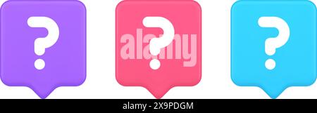 Fragezeichen Schaltfläche Hinweis Achtung Antwort FAQ Punkt Internet-Info Support 3D realistische Sprechblase Rosa blaue und lila Symbole. Idee der Lösungshilfe Stock Vektor