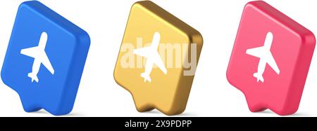 Flugzeug Online Check-in Button digitaler Service Passagierregistrierung 3D realistische Sprechblase blau Gold und rosa Symbole. Fluggesellschaft Transport Fli Stock Vektor
