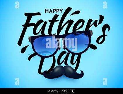 Vatertagsbanner mit Schnurrbart, Brille und kalligraphischem Schriftzug. Vektor-Illustration für Hintergrund, Poster, Vorlage, Verkauf, Werbeaktion, Rabatt, soziale Medien auf der Website, Flyer, Broschüre. Stock Vektor