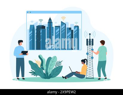 Intelligente Stadt der Zukunft mit Gebäuden und 5G-Basisstation. Winzige Leute steuern Internet-Wireless-Signal der Telekommunikationsantenne und des Transceivers zu Wolkenkratzern Karikaturvektorillustration Stock Vektor