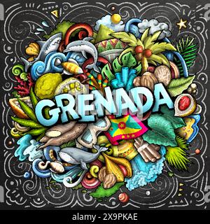 Vektor lustige Kritzelillustration mit Grenada Thema. Lebendiges und auffälliges Design, das das Wesen der nordamerikanischen Kultur und Traditionen widerspiegelt Stock Vektor