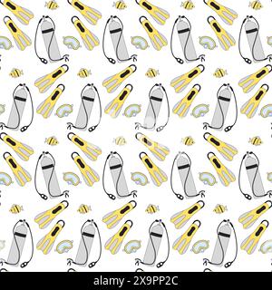 Endloses Muster mit Tauchausrüstung und tropischen Fischen. Nahtloser Hintergrund im Marinestil. Vektor-Illustration für flache Linien. Stock Vektor