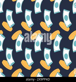 Geldmotiv mit einer Auswahl von Münzen und Papierwährungen in kontinuierlichem Muster. Nahtloser Hintergrund für Finanzdienstleistungen. Vektorkontur - Illustration flach Stock Vektor