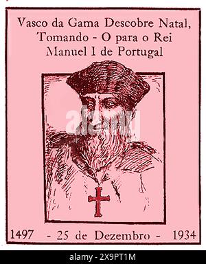 Ein Porträt von Vasco de Gama aus den 1930er Jahren (ca. 1460-1524) auf einer portugiesischen Karte zum Gedenken an seinen Tod. Er war Graf von Vidigueira, Vizekönig von Indien und ein bekannter Entdecker - Retrato de Vasco da Gama nos anos 30 num cartão português comemorativo da sua morte. - Stockfoto