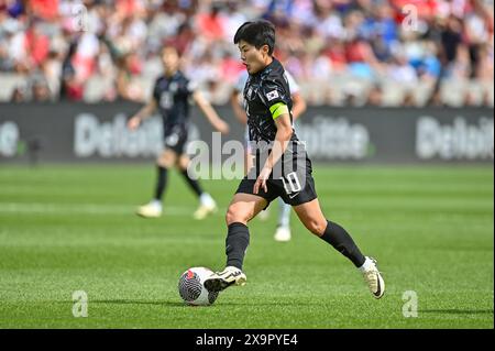 Commerce City, CO, USA. Juni 2024. Die koreanische Mittelfeldspielerin JI Soyun (10) spielte beim Internationalen Frauenfußballspiel zwischen der US-Frauennationalmannschaft und Korea im Dick's Sporting Goods Park in Commerce City, CO. Kevin Langley/Sports South Media/CSM/Alamy Live News Stockfoto