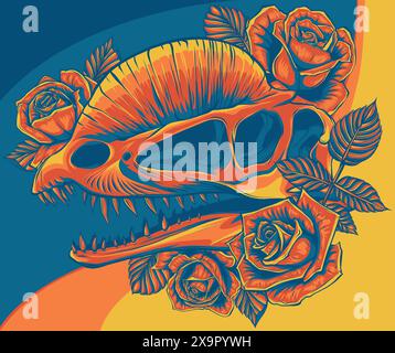 Dinosaurier-Schädel mit Rosenmuster Stock Vektor